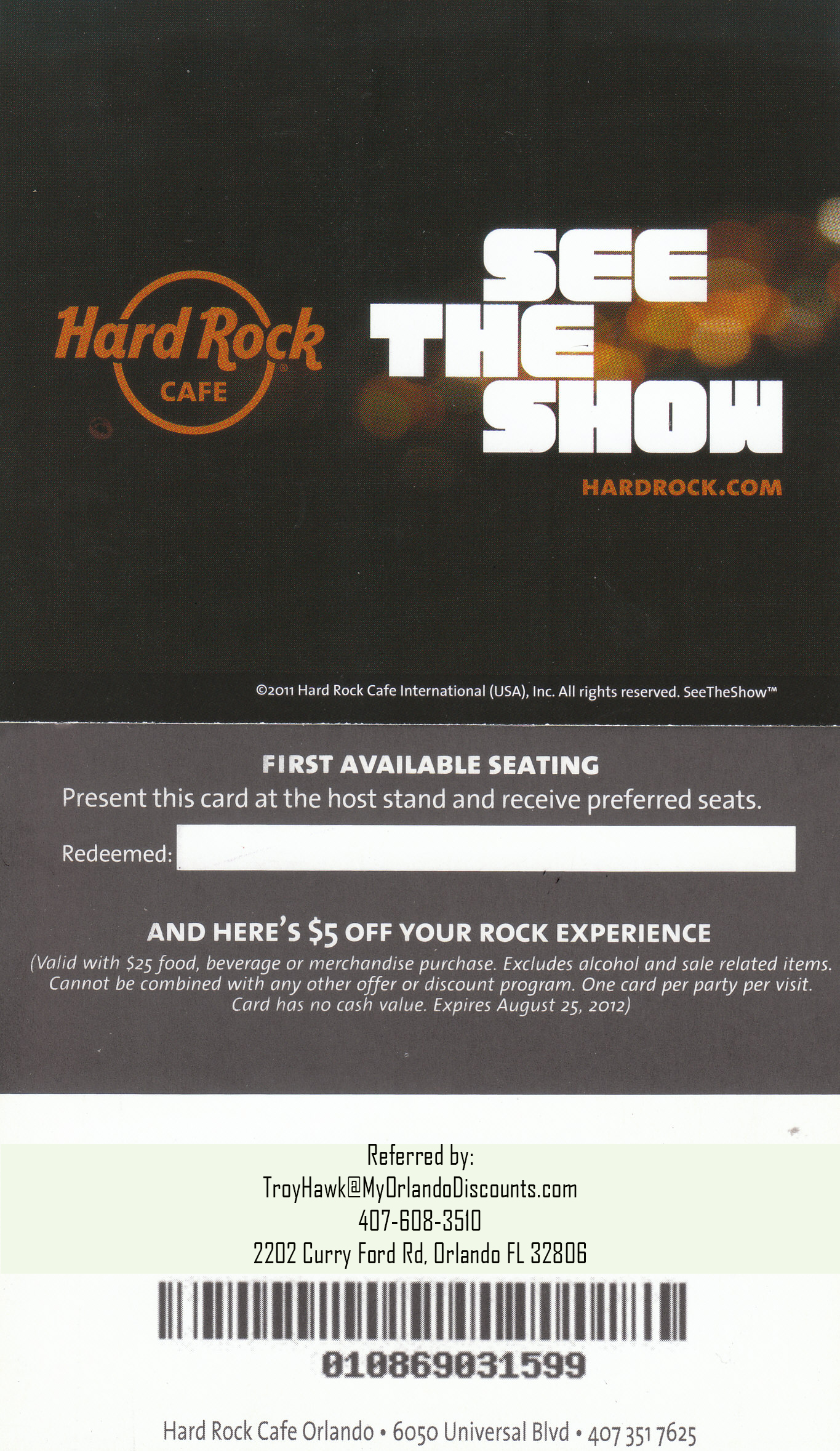 Coupon For The Hard Rock in Show Orlando