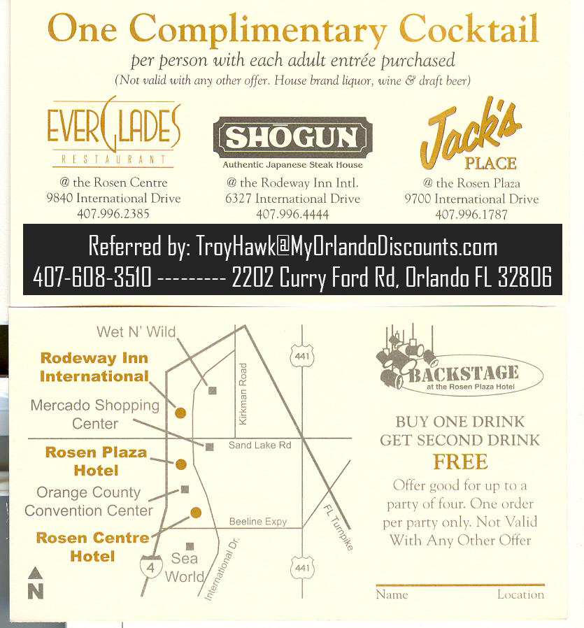 Coupon For Shoguns Japanese Steake House, Everglades and Jack's place Restaurant in Orlando