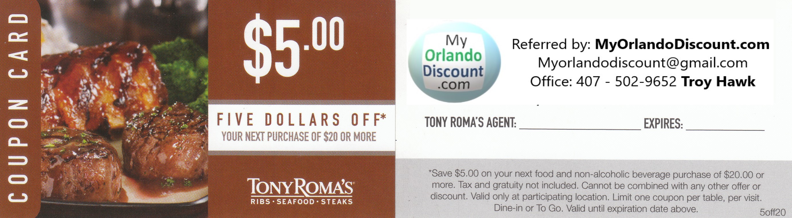 Coupon For Tony Roma's in Orlando
