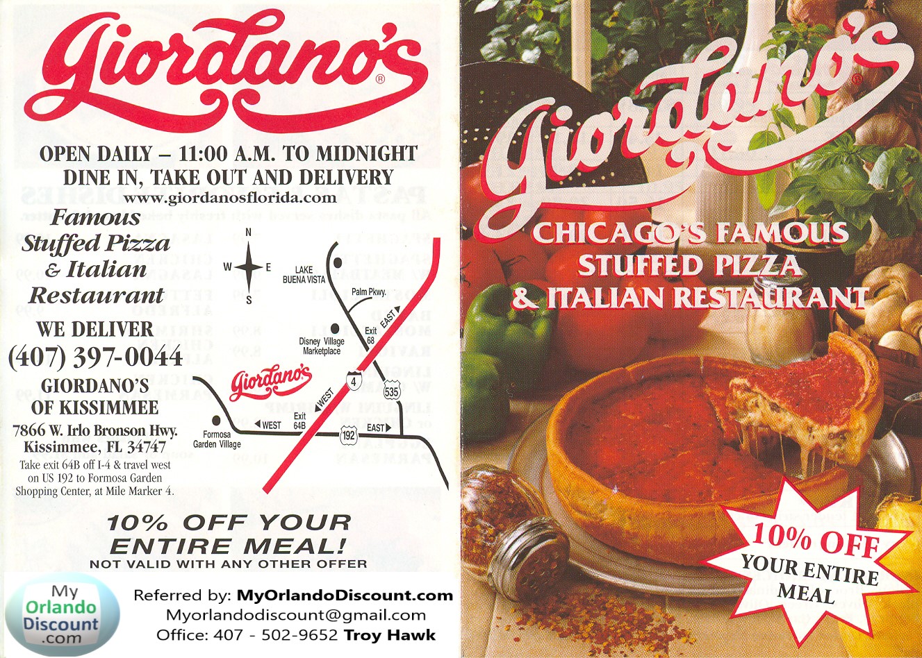 Coupon For Giordano's Italian Restaurant in Orlando