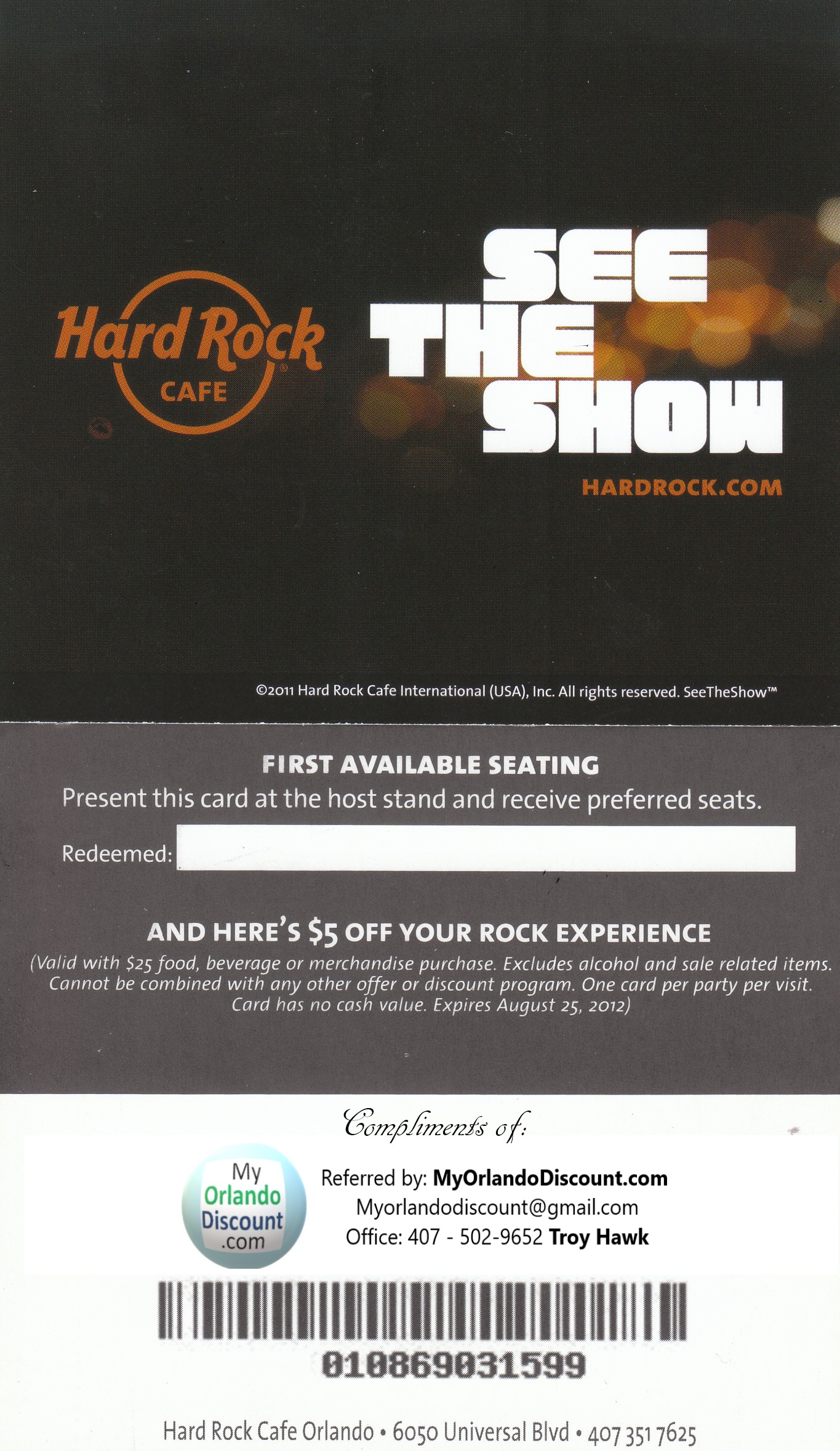 Coupon For The Hard Rock Cafe in Orlando