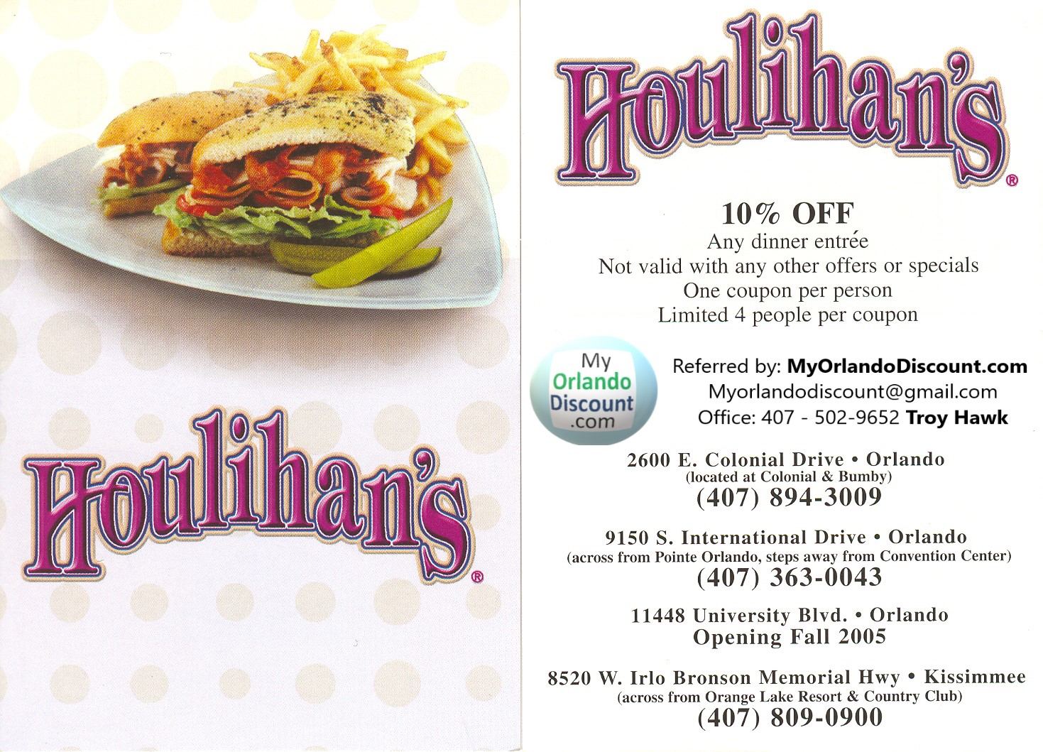 Coupon For Houlihads in Orlando