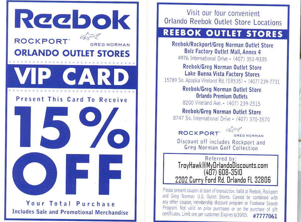 Coupon For The Rebok Outlet Store in Orlando