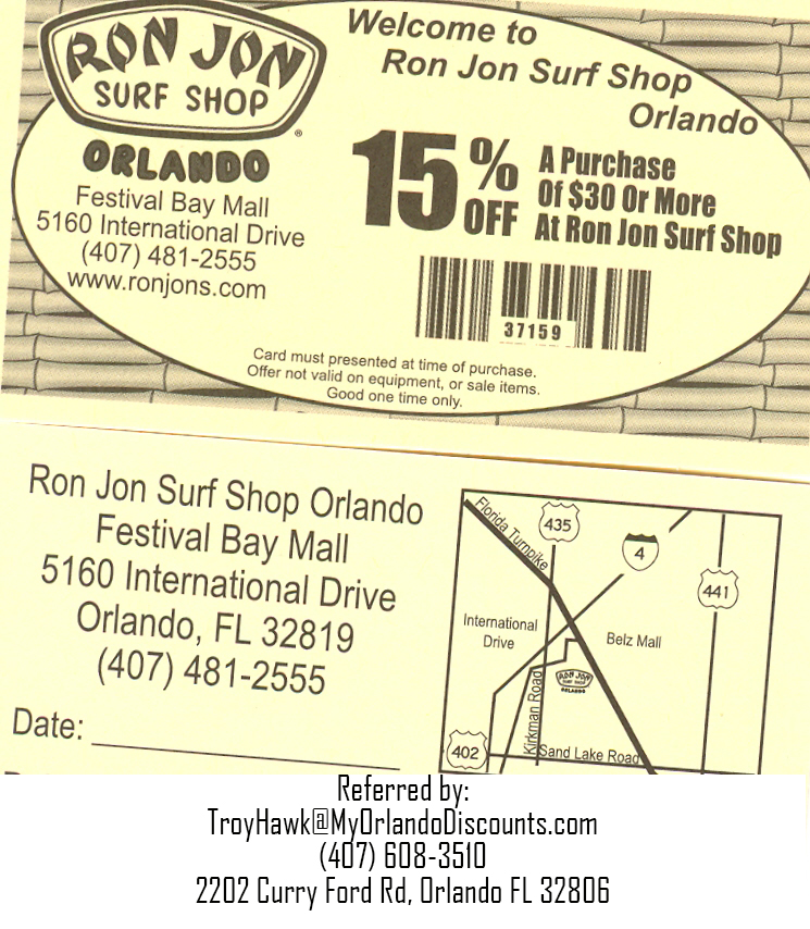 Coupon For Ronjon Surf Shop in Orlando